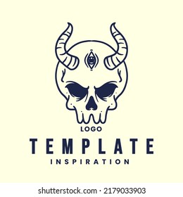 Emblem, Logo template with human skull head. Monochrome design element with skull and accessories like hat, glasses, mechanical key, horn, mask, joker, tree, anchor, crown.