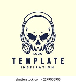 Emblem, Logo template with human skull head. Monochrome design element with skull and accessories like hat, glasses, mechanical key, horn, mask, joker, tree, anchor, crown.