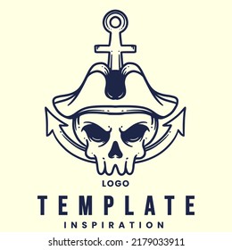 Emblem, Logo template with human skull head. Monochrome design element with skull and accessories like hat, glasses, mechanical key, horn, mask, joker, tree, anchor, crown.