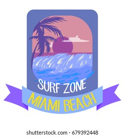 Emblem logo for vacation in Florida with sea and waves. Palm silhouette in dark purple colours.