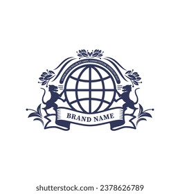 Emblem logo with world icons, sings and flowers inside
