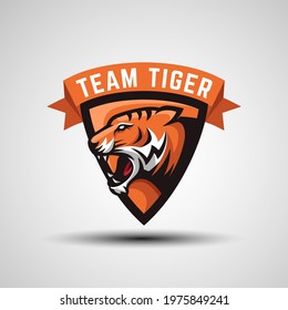 emblem logos of tiger face with shield for e sport team or gaming logo design, vector template