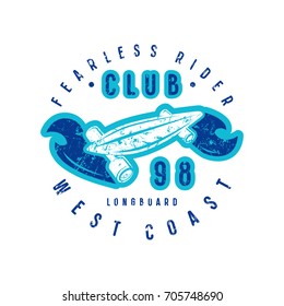 Emblem of longboard club. Graphic design for t-shirt and stickers. Color print on white background