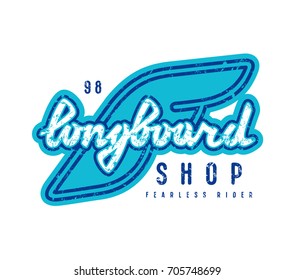 Emblem of longboard shop. Graphic design for t-shirt and stickers. Color print on white background