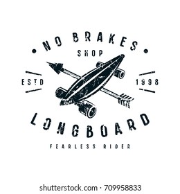 Emblem of longboard shop. Graphic design for t-shirt. Black print on white background