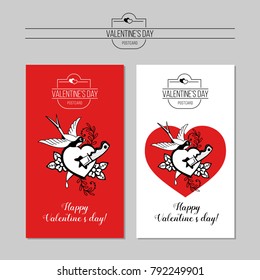 An emblem of love. Congratulations on Valentine's day, the day of the wedding. Heart pierced by a dagger. Retro style. Vector illustration.