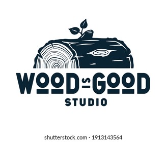 Emblem of lumber for wood carving studio or wooden stump and log for lumberjack. Carpentry or woodwork design