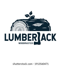 Emblem of lumber wood or wooden stump with axe lumberjack for carpentry or woodwork design