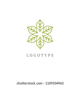 Emblem luxury beauty spa, cosmetics, natural organic product. Vector floral luxury curve logo design. Green leaf ornate frame. Vintage premium design vector element.