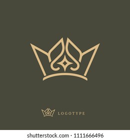 Emblem luxury beauty spa, cosmetics, jewelry, hotel, restaurant. Elegant queen icon. Vector imperial luxury crown logo design. Line art gold ornate symbol. Vintage premium king, queen vector sign.