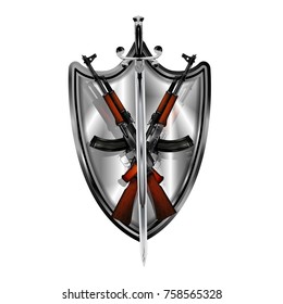 Emblem of machine gun sword and mirror shield, isolated object on white background.