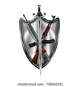 Emblem of machine gun sword and mirror shield, isolated object on white background.
