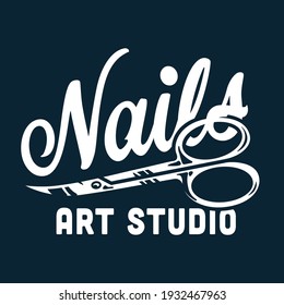 Emblem with manicure scissors or tools for nail bar and beauty salon. Clipper or instrument fingernail studio or manicurist service