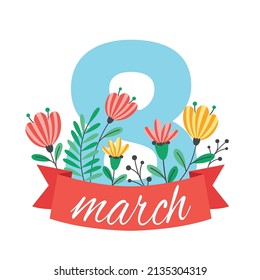 Emblem for March 8 with a ribbon, delicate flowers and leaves. Vector flat illustration for international women's day