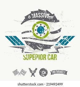 Emblem of the massive superior car in retro style. Graphic design for t-shirt. Color print on white background