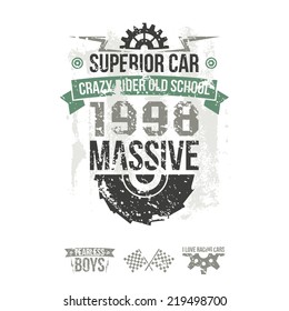 Emblem of the massive superior car in retro style. Graphic design for t-shirt. Color print on white background