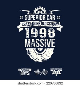 Emblem of the massive superior car in retro style. Graphic design for t-shirt. White print on dark background