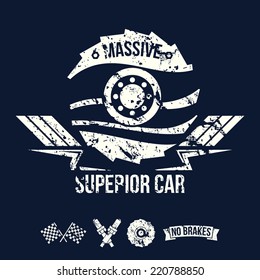 Emblem of the massive superior car in retro style. Graphic design for t-shirt. White print on dark background