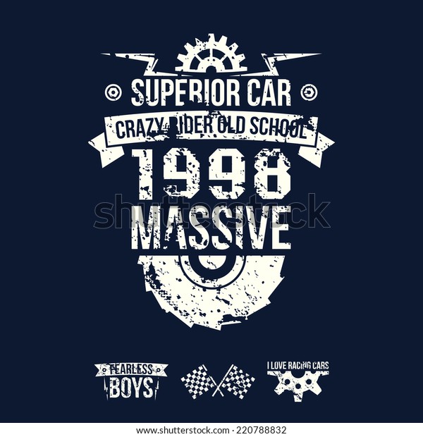 Emblem of the\
massive superior car in retro style. Graphic design for t-shirt.\
White print on dark\
background