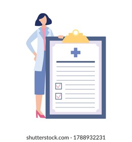 Emblem For Medical Examination With Female Cartoon Character With Checklist For Medical Specialists Exam, Flat Vector Illustration Isolated On White Background.