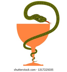 Аптека символ. Змея и чаша. The emblem of medicine. The green snake wraps around the orange bowl. It is made on an isolated white background.