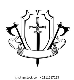 Emblem with medieval shield, sword and axes. Vector illustration of medieval symbols black on white.