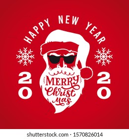 Emblem Merry Christmas and Happy New Year. Vector flat illustration with Santa Claus and hand written lettering in beard. Template design stamp or logo.