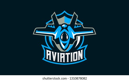 The emblem of a military aircraft. Aircraft logo. Military equipment, wings, fighter, plane, jet, war, bomber, airplane, airscrew, airforce. Vector illustration