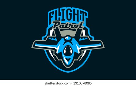 The emblem of a military aircraft. Aircraft logo. Military equipment, wings, fighter, plane, jet, war, bomber, airplane, airscrew, airforce. Vector illustration