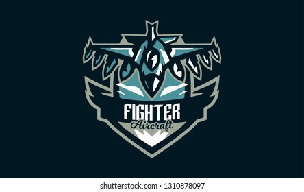 The emblem of a military aircraft. Aircraft logo. Military equipment, wings, fighter, plane, jet, war, bomber, airplane, airscrew, airforce. Vector illustration