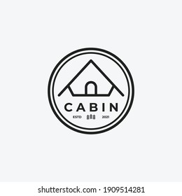 Emblem of Minimalist Cabin or Cottage Vector Logo, Line art Design Illustration of Wooden Lodge