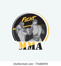 Emblem for mixed martial arts. Two athletes in the pentagon are fighting. Contour drawing of silhouettes.