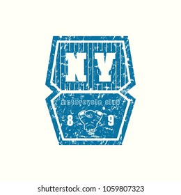 Emblem of motorcycle club. Graphic design for t-shirt. Blue print on white background