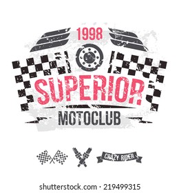 Emblem of the motorcycle club in retro style. Graphic design for t-shirt. Color print on white background