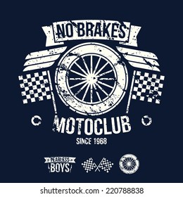 Emblem of the motorcycle club in retro style. Graphic design for t-shirt. White print on dark background