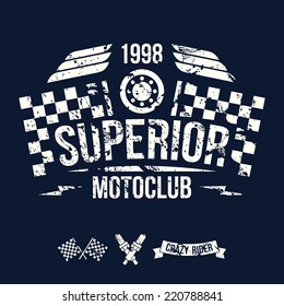 Emblem of the motorcycle club in retro style. Graphic design for t-shirt. White print on dark background