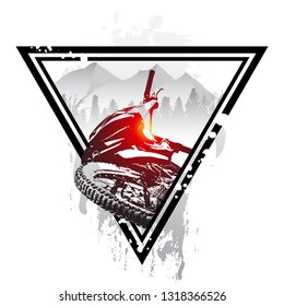 Emblem With Mountain Bike And Helmet. Downhill Mountain Biking Concept Art. Mtb, Freeride, Bicycle, Enduro, Extreme Sport. 