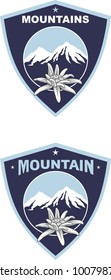 Emblem of mountain climbing. Symbol of outdoor adventure and Alp mountains. Hiking badges label. Blooming edelweiss flower. Travel, climber, camping, ski resort template. Vector silhouette.