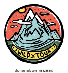 Emblem of mountain with ice tops and clouds around, river and grass. Wild tour. Colored illustration.