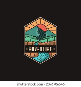 Emblem mountain and river landscape adventure logo icon vector template on black background