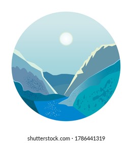 The emblem of the mountains. Beautiful mountain landscape in the form of a round sticker. Vector image of mountains, rivers, lakes, and forests.