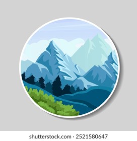 Emblem with mountains. Beautiful natural panorama and landscape. Large mountains near forest. Wildlife reserve. Travel and trip. Poster or banner. Flat vector illustration isolated on grey background