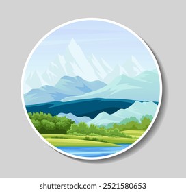 Emblem with mountains. Beautiful natural panorama and landscape. Lake near forest. Wildlife reserve. Travel and trip. Patch and logo. Flat vector illustration isolated on grey background