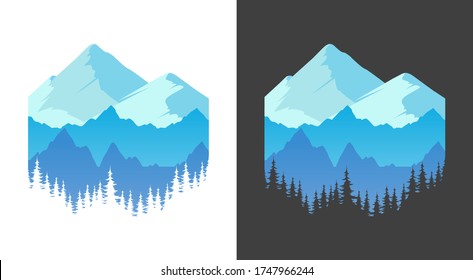 Emblem with Mountains, Vector banner for T-shirt prints or Travel company. Sticker with Alpine Rocks and silhouette of forest isolated on white and black background