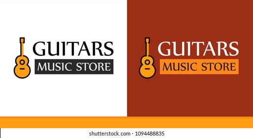 Emblem for Music Store with Line art illustration of Guitar. Vector logo in EPS 10 on white and brown background.