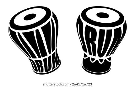 Emblem of musical African djembe drum musical instrument school. Learning to play African tribal percussion instruments. simple black and white vector isolated on white background