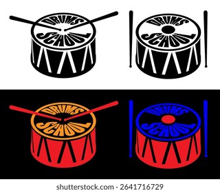 Emblem of musical drum school. Learning to play percussion instruments. Drum with drumsticks musical sign. Simple vector