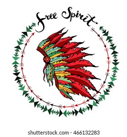 Emblem with native American Indian war bonnet and tribal border. Hand drawn plume headdress. Free spirit freehand lettering. Bohemian round frame with arrows. Vector illustration.