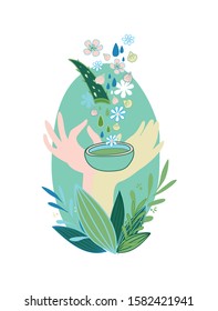 Emblem of natural cosmetics, handmade cosmetics. Woman's hands receiving gifts of nature, ingredients. Vector illustration.Vector hand drawn illustration for natural eco cosmetics store.