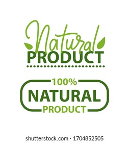 Emblem natural production vector, isolated set of logotypes with inscription and herbal elements, foliage and leaves with guarantee percentage flat style